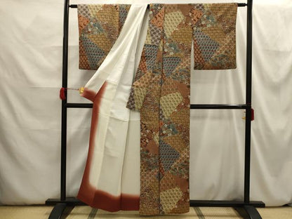 平和屋着物■上質な小紋　裂取花文　鬼しぼ縮緬　正絹　逸品　AABH6388sx