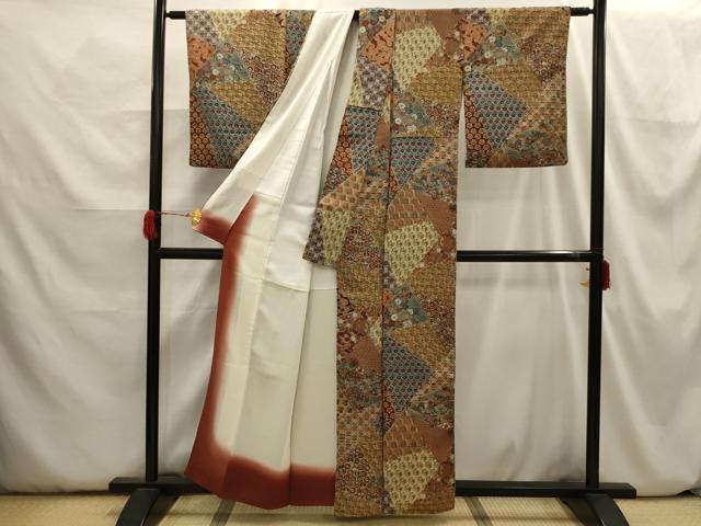 平和屋着物■上質な小紋　裂取花文　鬼しぼ縮緬　正絹　逸品　AABH6388sx