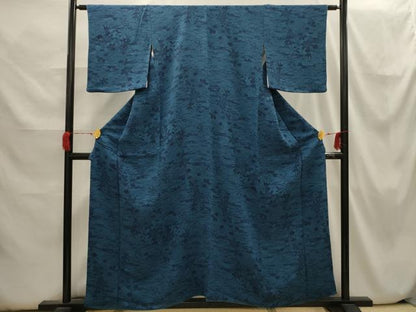 平和屋着物■上質な小紋　型染め　藍　松竹梅流水花籬文　鬼しぼ縮緬　正絹　逸品　AABH6391sx
