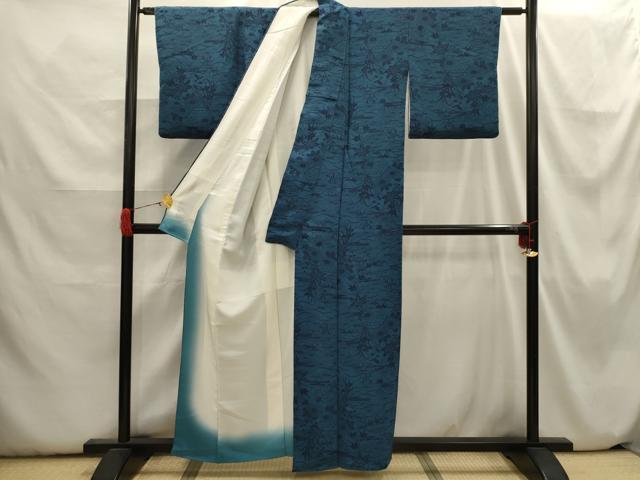 平和屋着物●上質な小紋　藍　型染め　松竹梅　鬼しぼ縮緬　正絹　逸品　AABF5981fy 平和屋着物□上質な小紋 型染め 藍 松竹梅流水花籬文 鬼
