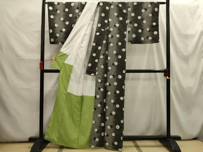 平和屋着物■小紋　雪輪花文　黒地　洗える着物　AABH6397sx