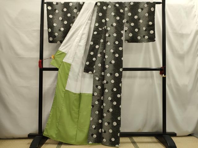 平和屋着物■小紋　雪輪花文　黒地　洗える着物　AABH6397sx