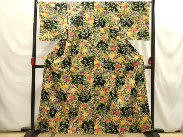 平和屋着物■小紋 草花文 黒地 洗える着物 AABH6398sx