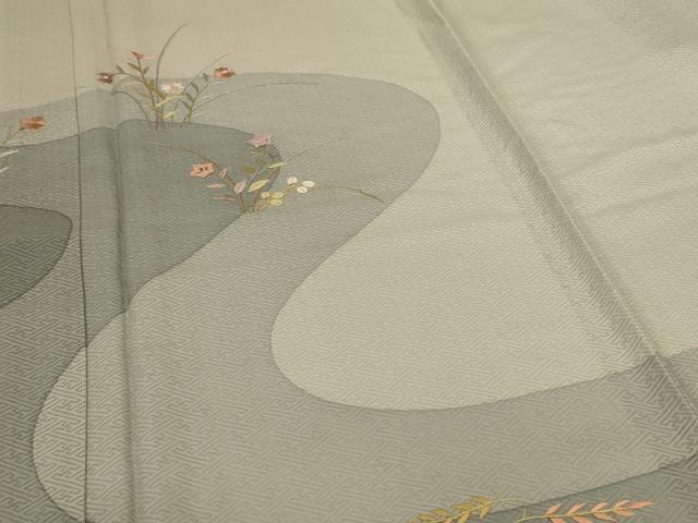 平和屋着物＊夏物 訪問着 変わり縞 刺繍 流水草花文 正絹 逸品 AABH6421jd