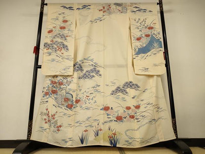 平和屋着物＊夏物　振袖　絽　駒刺繍　風景草花文　銀彩　正絹　逸品　AABH6436jd