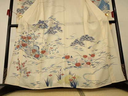 平和屋着物＊夏物　振袖　絽　駒刺繍　風景草花文　銀彩　正絹　逸品　AABH6436jd
