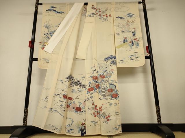 平和屋着物＊夏物　振袖　絽　駒刺繍　風景草花文　銀彩　正絹　逸品　AABH6436jd