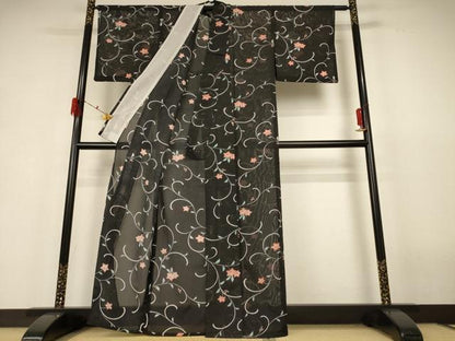 平和屋着物＊夏物 小紋 絽 花唐草文 洗える着物 AABH6498jd