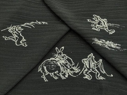 平和屋着物●和装小物　ショール　鳥獣戯画　大判　正絹　逸品　AABH6567ay