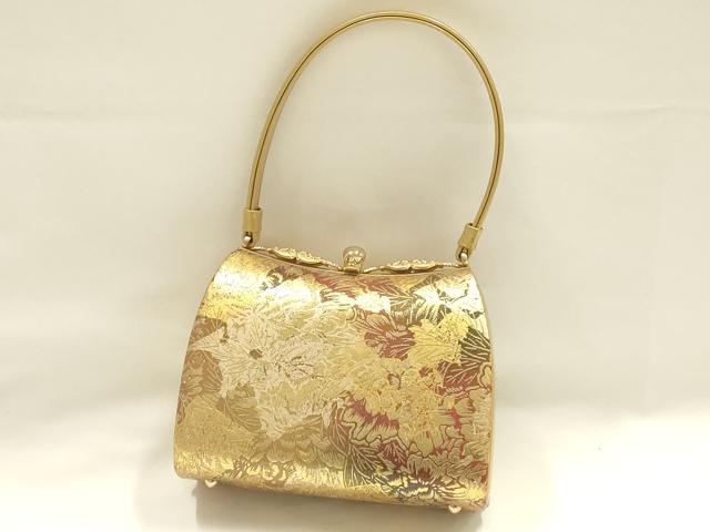 平和屋着物●和装小物　和装バッグ　ハンドバッグ　花柄　金彩　逸品　AABH6615ay