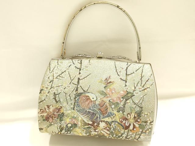 平和屋着物●和装小物　和装バッグ　ハンドバッグ　枝花に休み鳥　鴛鴦　鶯　金糸　逸品　AABH6621ay