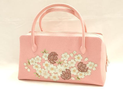 平和屋着物●和装小物　和装バッグ　ハンドバッグ　利休バッグ　総刺繍　桜と福良雀　金糸　逸品　AABH6626ay
