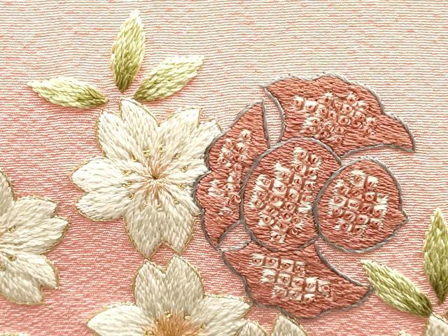 平和屋着物●和装小物　和装バッグ　ハンドバッグ　利休バッグ　総刺繍　桜と福良雀　金糸　逸品　AABH6626ay