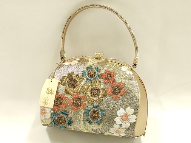 平和屋着物●和装小物　和装バッグ　ハンドバッグ　花柄　ビーズ　金銀糸　逸品　未使用　AABH6636ay