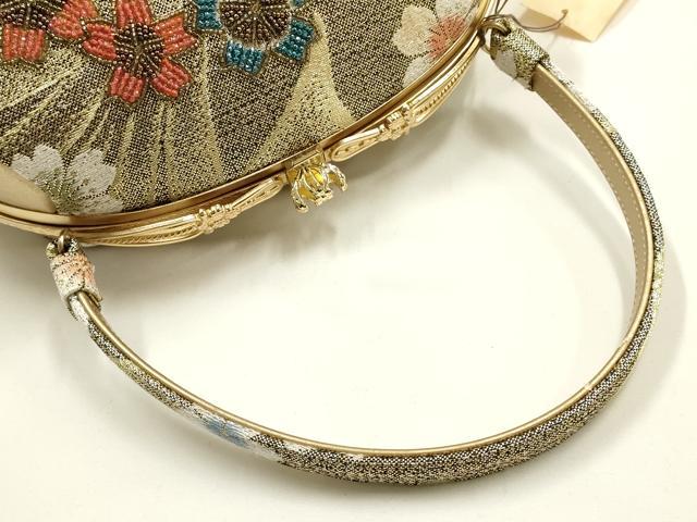 平和屋着物●和装小物　和装バッグ　ハンドバッグ　花柄　ビーズ　金銀糸　逸品　未使用　AABH6636ay