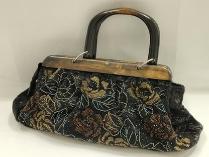 平和屋着物▼和装小物　和装バッグ　ハンドバッグ　ビーズ　花柄　金彩　木製ハンドル　逸品　AABH6662ay