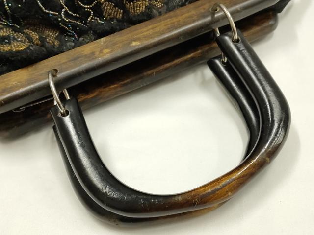 平和屋着物▼和装小物　和装バッグ　ハンドバッグ　ビーズ　花柄　金彩　木製ハンドル　逸品　AABH6662ay