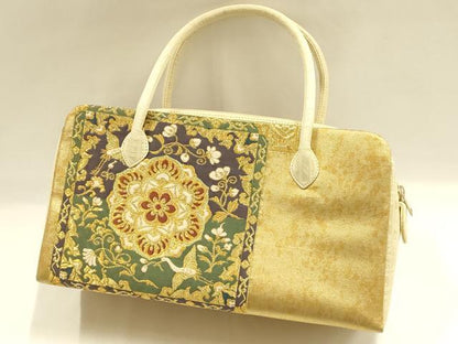 平和屋着物●和装小物　和装バッグ　ハンドバッグ　利休バッグ　花鳥文　花喰い鳥　金糸　帯地使用　逸品　AABH6754ay