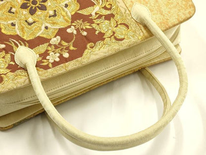 平和屋着物●和装小物　和装バッグ　ハンドバッグ　利休バッグ　花鳥文　花喰い鳥　金糸　帯地使用　逸品　AABH6754ay