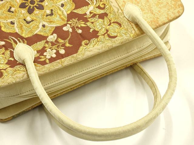 平和屋着物●和装小物　和装バッグ　ハンドバッグ　利休バッグ　花鳥文　花喰い鳥　金糸　帯地使用　逸品　AABH6754ay
