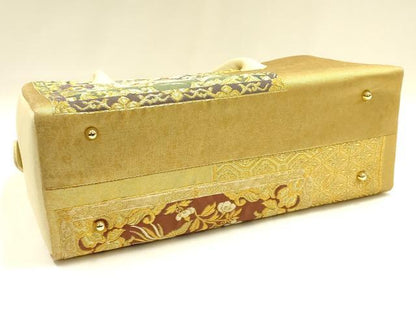 平和屋着物●和装小物　和装バッグ　ハンドバッグ　利休バッグ　花鳥文　花喰い鳥　金糸　帯地使用　逸品　AABH6754ay