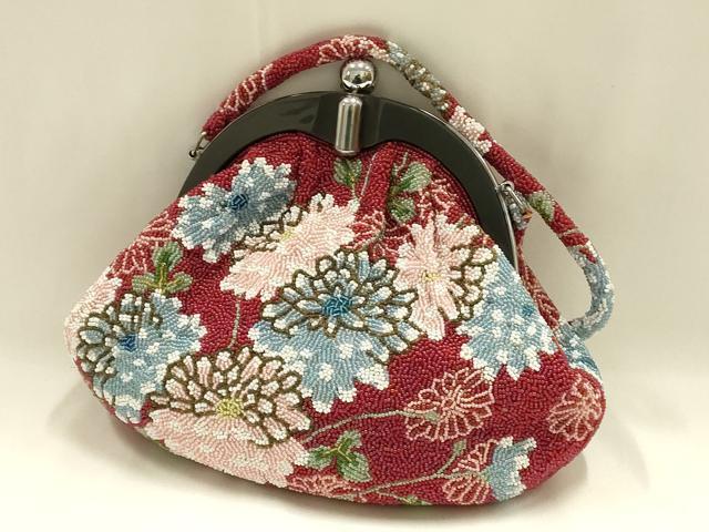 平和屋着物●和装小物　和装バッグ　ハンドバッグ　ビーズバッグ　花柄　菊　逸品　AABH6761ay