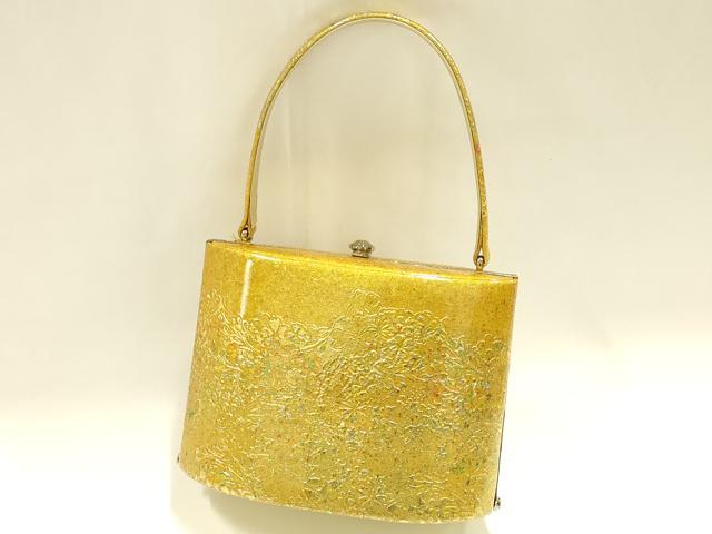 平和屋着物●和装小物　和装バッグ　金鷲本舗 東京謹製 キンワシ印　ハンドバッグ　花柄　牛革製品　金彩　逸品　未使用　AABH6763ay