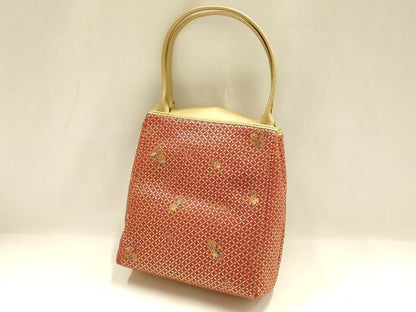 平和屋着物▼和装小物　和装バッグ　鴨川 金更紗　ハンドバッグ　京友禅　舞蝶花文　本皮製品　逸品　未使用　AABH6779ay
