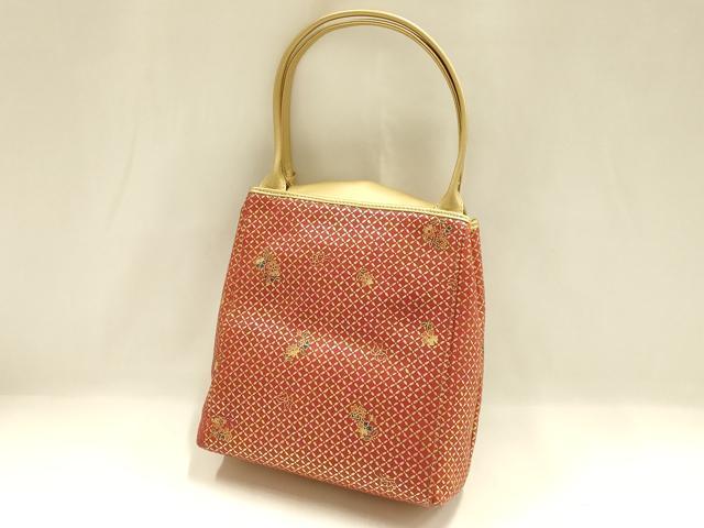 平和屋着物▼和装小物　和装バッグ　鴨川 金更紗　ハンドバッグ　京友禅　舞蝶花文　本皮製品　逸品　未使用　AABH6779ay