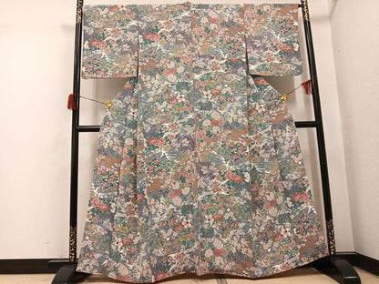 平和屋着物●上質な小紋　友禅　花鳥文　鬼しぼ縮緬　正絹　逸品　AABH6803ph