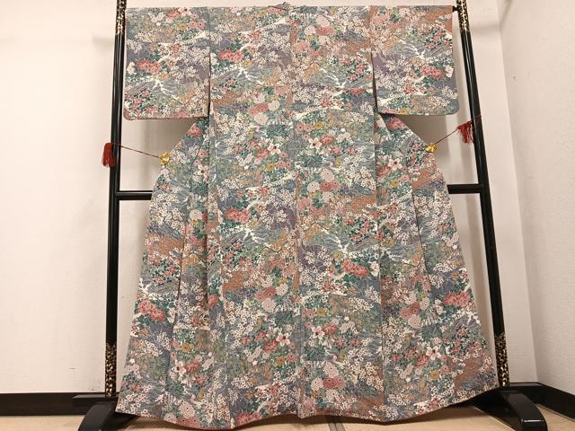 平和屋着物●上質な小紋　友禅　花鳥文　鬼しぼ縮緬　正絹　逸品　AABH6803ph