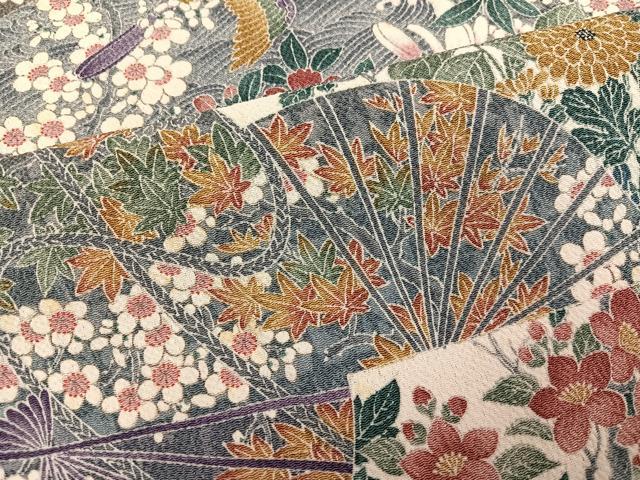 平和屋着物●上質な小紋　友禅　花鳥文　鬼しぼ縮緬　正絹　逸品　AABH6803ph