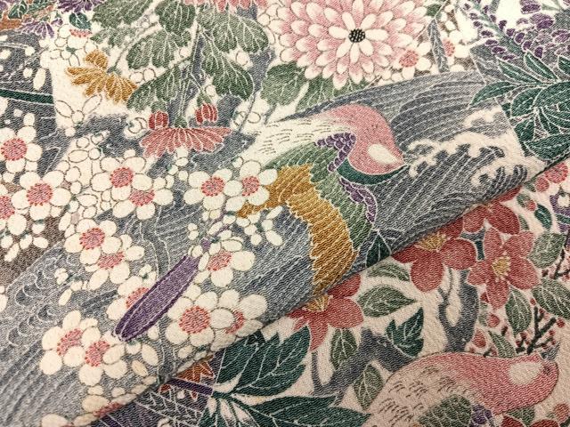 平和屋着物○上質な小紋 友禅 花鳥文 鬼しぼ縮緬 正絹 逸品 AABH6803ph