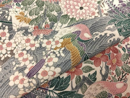 平和屋着物●上質な小紋　友禅　花鳥文　鬼しぼ縮緬　正絹　逸品　AABH6803ph