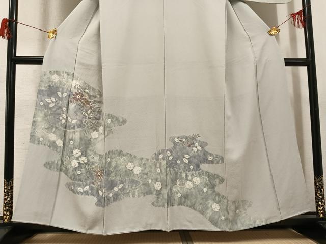 平和屋着物●訪問着　中国三大刺繍　汕頭刺繍　スワトウ刺繍　駒刺繍　絞り　草花文　銀糸　正絹　逸品　AABH6813ph