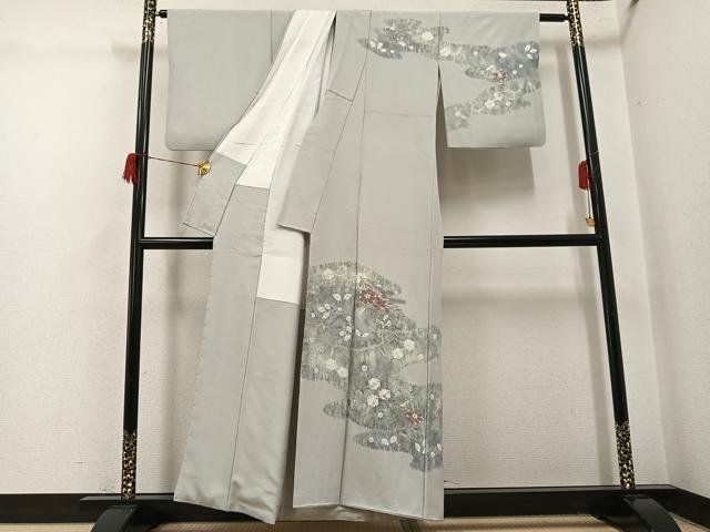 平和屋着物●訪問着　中国三大刺繍　汕頭刺繍　スワトウ刺繍　駒刺繍　絞り　草花文　銀糸　正絹　逸品　AABH6813ph