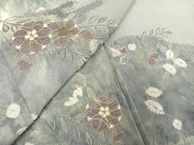 平和屋着物●訪問着　中国三大刺繍　汕頭刺繍　スワトウ刺繍　駒刺繍　絞り　草花文　銀糸　正絹　逸品　AABH6813ph