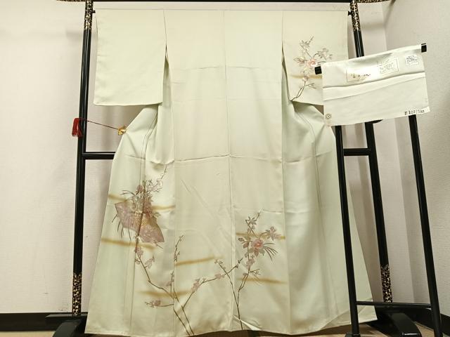 平和屋着物●訪問着　地紙枝花文　宝彩友仙　金銀彩　反端付き　正絹　逸品　未使用　AABH6824ph