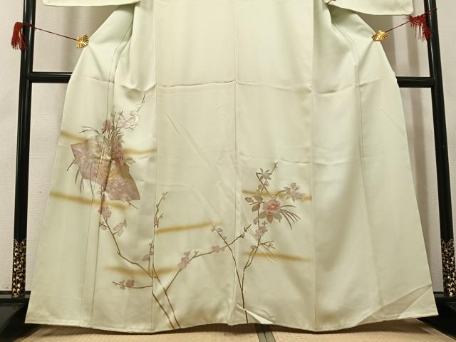 平和屋着物●訪問着　地紙枝花文　宝彩友仙　金銀彩　反端付き　正絹　逸品　未使用　AABH6824ph