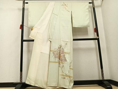 平和屋着物●訪問着　地紙枝花文　宝彩友仙　金銀彩　反端付き　正絹　逸品　未使用　AABH6824ph