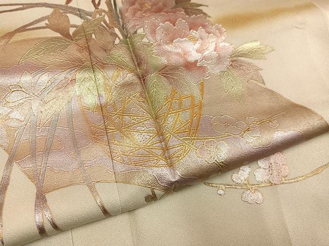 平和屋着物●訪問着　地紙枝花文　宝彩友仙　金銀彩　反端付き　正絹　逸品　未使用　AABH6824ph