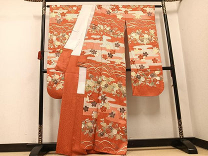 平和屋着物●豪華振袖　駒刺繍　草花文　金彩　正絹　逸品　AABH6825ph