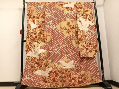 平和屋着物●豪華振袖　友禅　作家物　駒刺繍　群鶴立波梅文　金彩　正絹　逸品　AABH6827ph