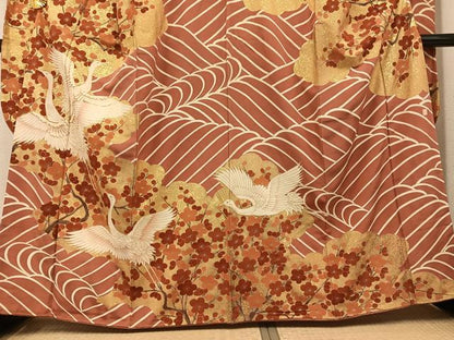 平和屋着物●豪華振袖　友禅　作家物　駒刺繍　群鶴立波梅文　金彩　正絹　逸品　AABH6827ph