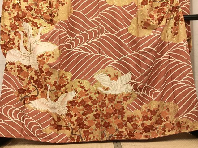 平和屋着物●豪華振袖　友禅　作家物　駒刺繍　群鶴立波梅文　金彩　正絹　逸品　AABH6827ph