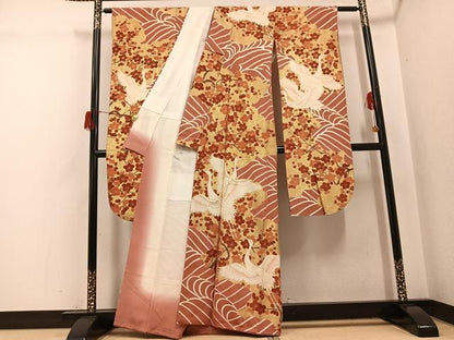 平和屋着物●豪華振袖　友禅　作家物　駒刺繍　群鶴立波梅文　金彩　正絹　逸品　AABH6827ph