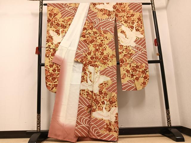 平和屋着物●豪華振袖　友禅　作家物　駒刺繍　群鶴立波梅文　金彩　正絹　逸品　AABH6827ph