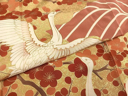平和屋着物●豪華振袖　友禅　作家物　駒刺繍　群鶴立波梅文　金彩　正絹　逸品　AABH6827ph