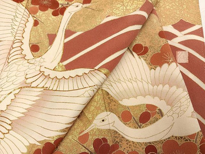 平和屋着物●豪華振袖　友禅　作家物　駒刺繍　群鶴立波梅文　金彩　正絹　逸品　AABH6827ph