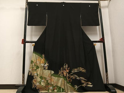 平和屋着物●豪華黒留袖　駒刺繍　流水草花文　金銀彩　正絹　逸品　AABH6828ph